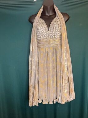 Elegant Beaded Halter Cocktail Dress in Gold and Cream